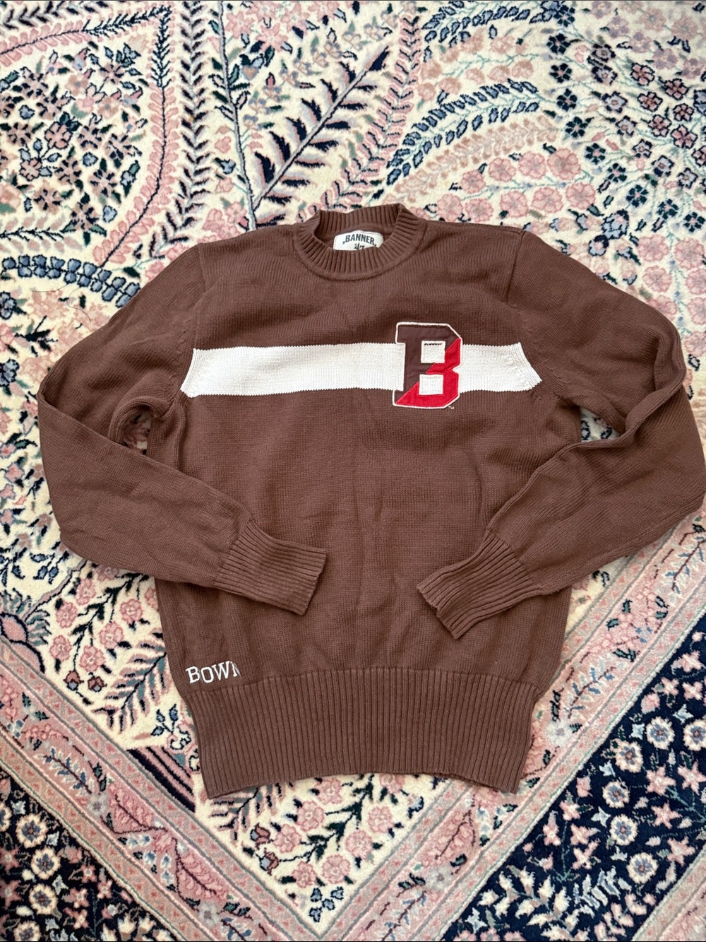 Brown Crewneck Sweater with White Stripe and Red 'B' Patch embroidered vintage